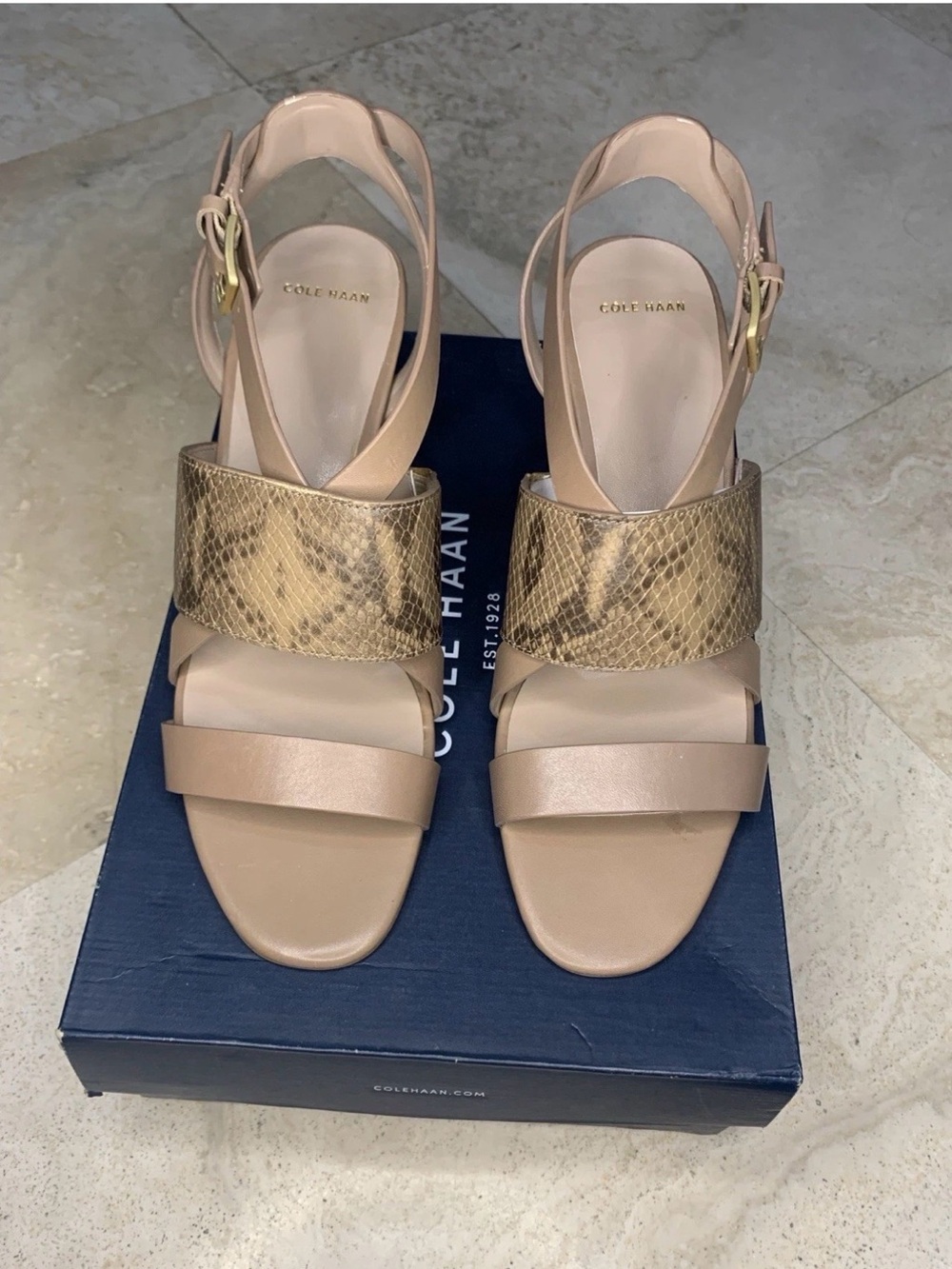 Cole Haan Nude Snake-Accent Leather Sandals NIB